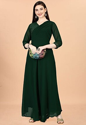 Embroidered Georgette Gown in Dark Green