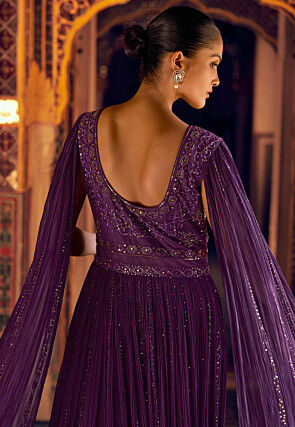 Embroidered Georgette Gown in Dark Purple