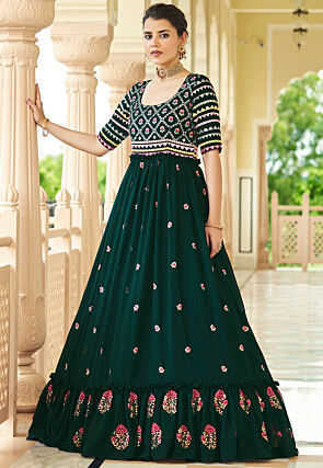 Embroidered Georgette Gown in Dark Teal Green