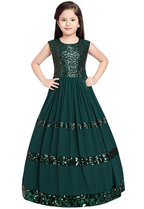 Embroidered Georgette Gown in Dark Teal Green