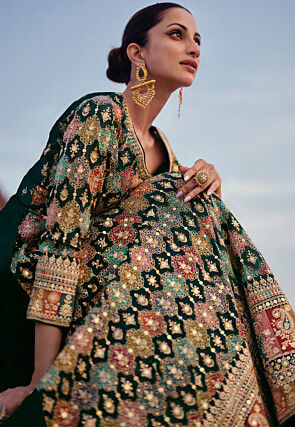 Embroidered Georgette Gown in Dark Teal Green