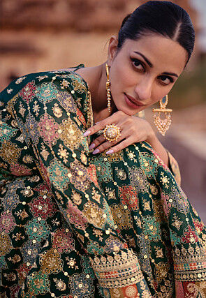 Embroidered Georgette Gown in Dark Teal Green