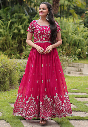 Embroidered Georgette Gown in Fuchsia