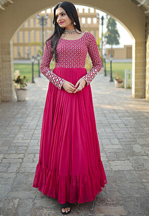 Embroidered Georgette Gown in Fuchsia