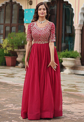 Embroidered Georgette Gown in Fuchsia