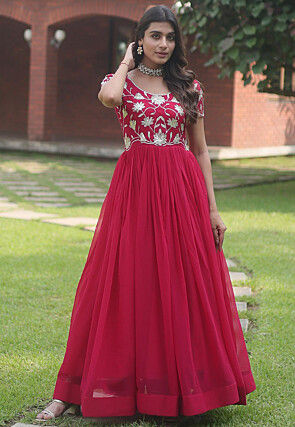 Buy Red Embroidered Tulle Gown Online