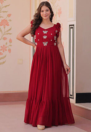 Embroidered Georgette Gown in Maroon