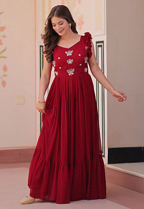 Embroidered Georgette Gown in Maroon