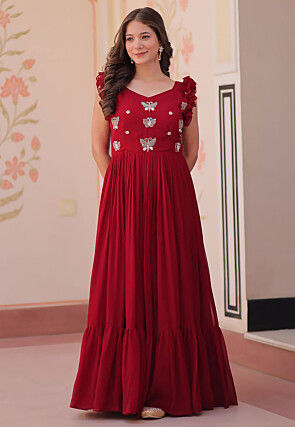 Embroidered Georgette Gown in Maroon