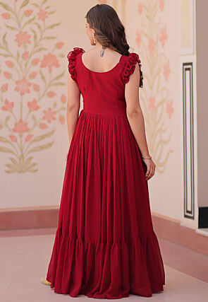 Embroidered Georgette Gown in Maroon