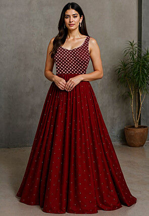 Embroidered Georgette Gown in Maroon