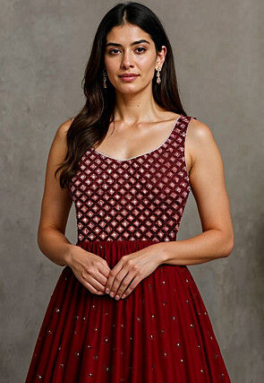 Embroidered Georgette Gown in Maroon