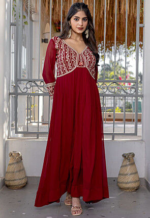 Embroidered Georgette Gown in Maroon