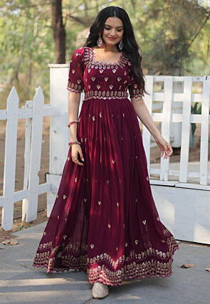 Embroidered Georgette Gown in Maroon