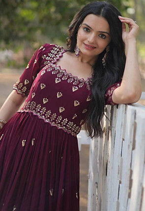 Embroidered Georgette Gown in Maroon