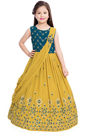 Embroidered Georgette Gown in Mustard and Teal Blue