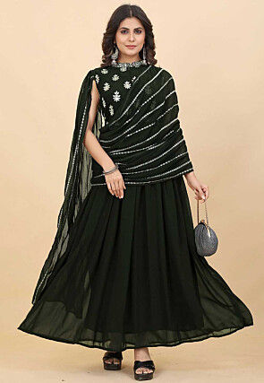 Embroidered Georgette Gown in Olive Green