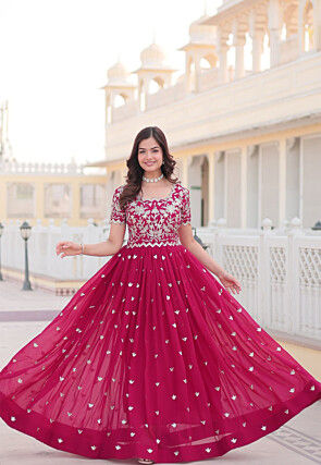 Embroidered Georgette Gown in Pink