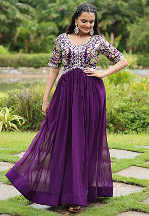 Embroidered Georgette Gown in Purple