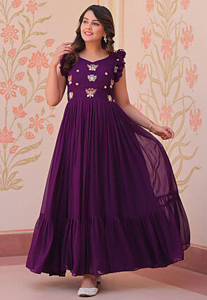 Embroidered Georgette Gown in Purple