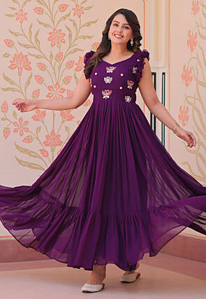 Embroidered Georgette Gown in Purple