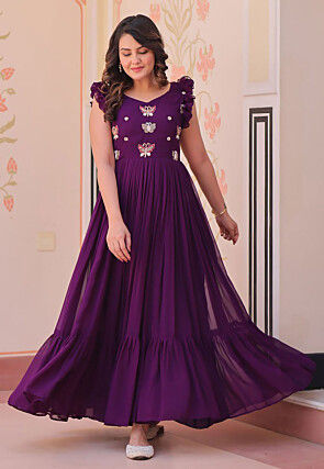 Embroidered Georgette Gown in Purple