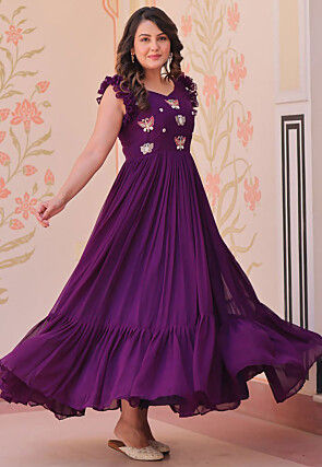 Embroidered Georgette Gown in Purple