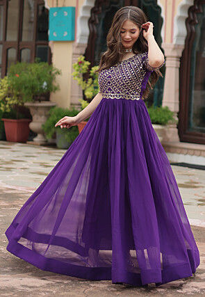 Embroidered Georgette Gown in Purple