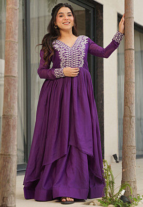 Embroidered Georgette Gown in Purple