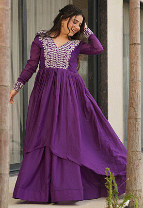 Embroidered Georgette Gown in Purple