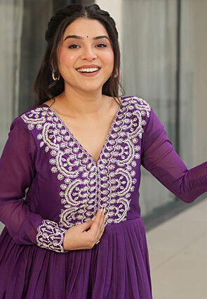 Embroidered Georgette Gown in Purple