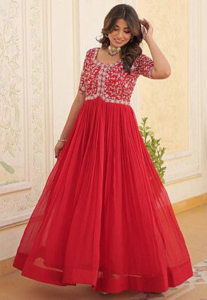 Embroidered Georgette Gown in Red