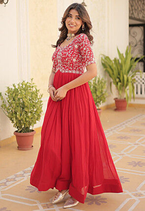 Embroidered Georgette Gown in Red