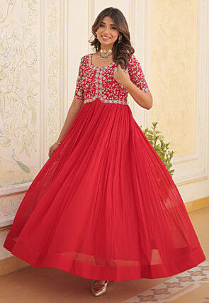 Embroidered Georgette Gown in Red
