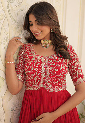 Embroidered Georgette Gown in Red