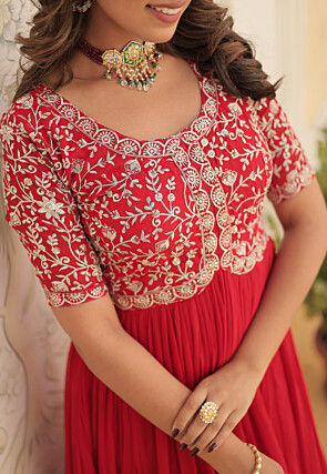 Embroidered Georgette Gown in Red