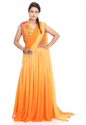 Embroidered Georgette Gown in Shaded Orange and Mustard