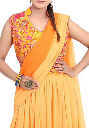 Embroidered Georgette Gown in Shaded Orange and Mustard