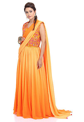 Embroidered Georgette Gown in Shaded Orange and Mustard