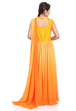 Embroidered Georgette Gown in Shaded Orange and Mustard