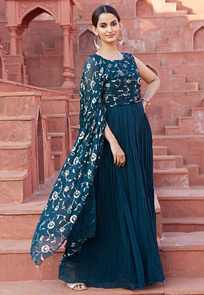 Embroidered Georgette Gown in Teal Blue