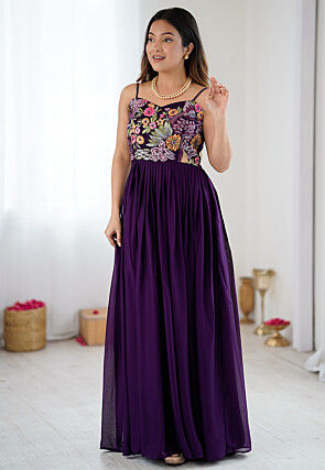 indo western purple dress for women Dark Purple Georgette Silk Embroidered Indo Western Dress LSTV133539
