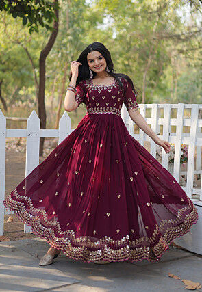 Embroidered Georgette Gown in Wine