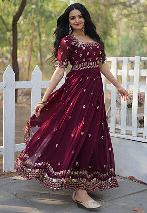 Embroidered Georgette Gown in Wine