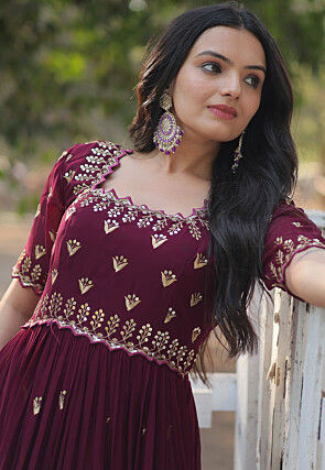 Embroidered Georgette Gown in Wine