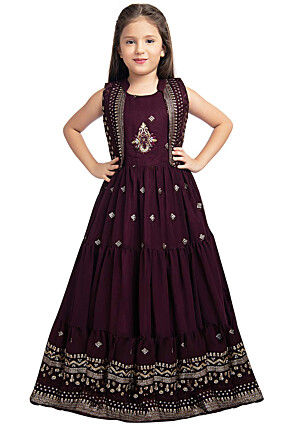 Embroidered Georgette Gown in Wine