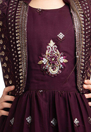Embroidered Georgette Gown in Wine