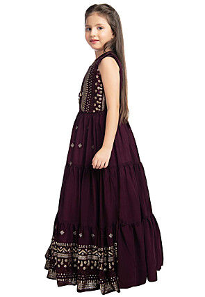Embroidered Georgette Gown in Wine