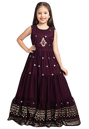 Embroidered Georgette Gown in Wine