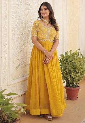 Embroidered Georgette Gown in Yellow
